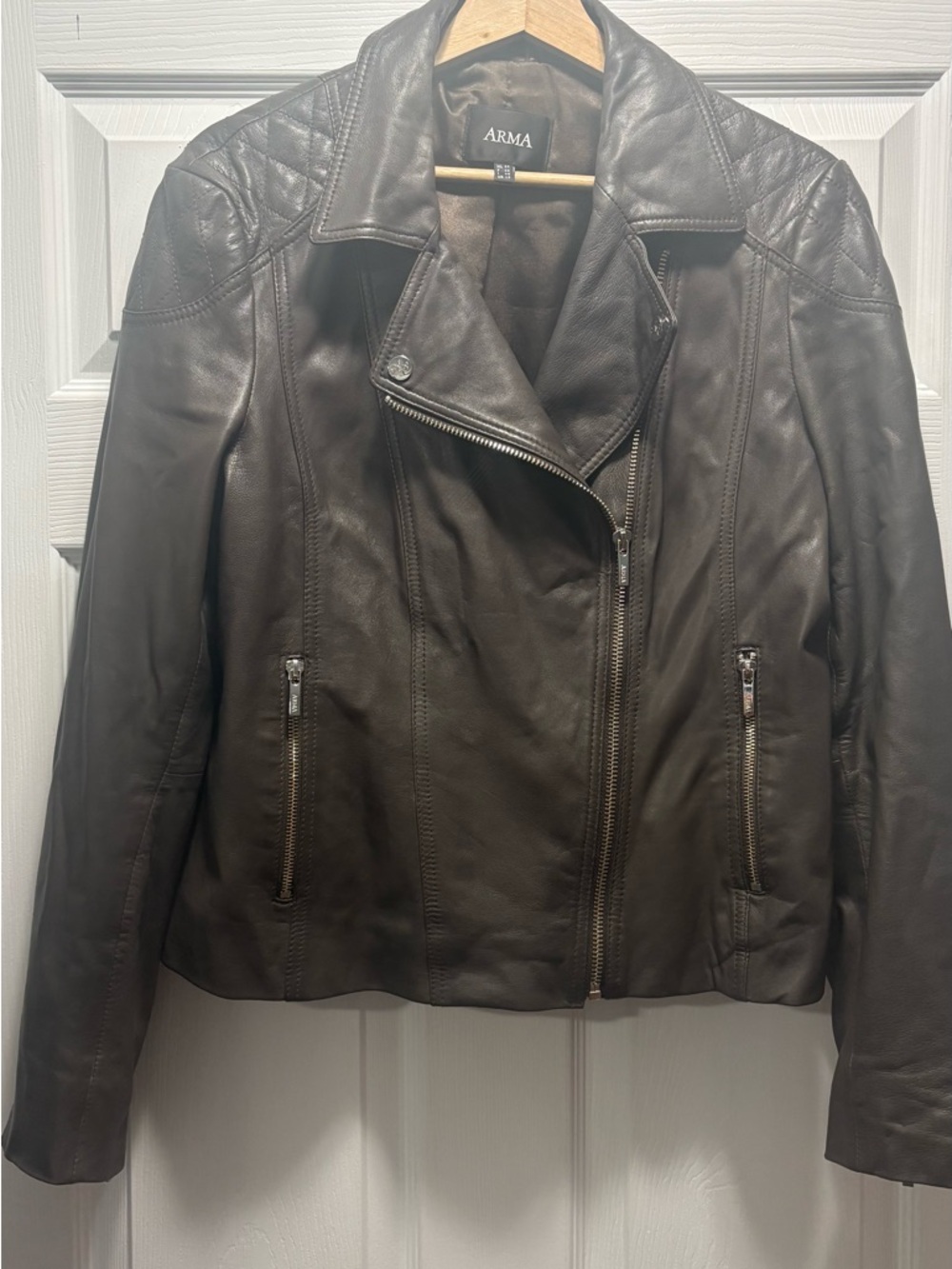 Arma Brown Genuine Leather Moto Jacket with Quilted Shoulders